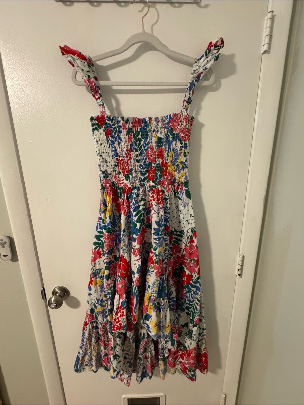 Aakaa White Floral Smocked High-Low Dress with Red Blue Yellow Green Accents